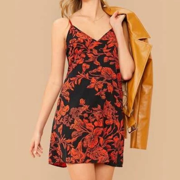 Dresses & Skirts - Orange V neck Floral Dress in XS, S, M, L
